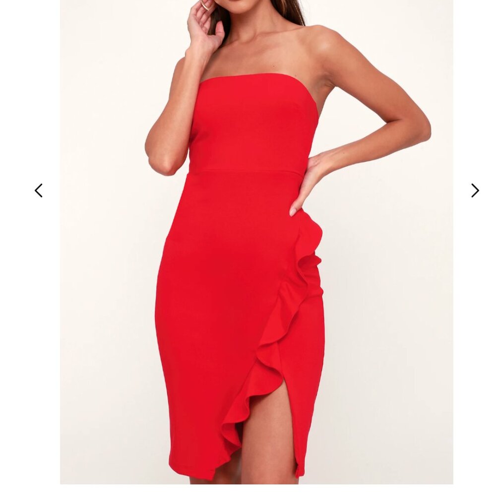 Lulus Anika Red Ruffled Strapless Bodycon Dress